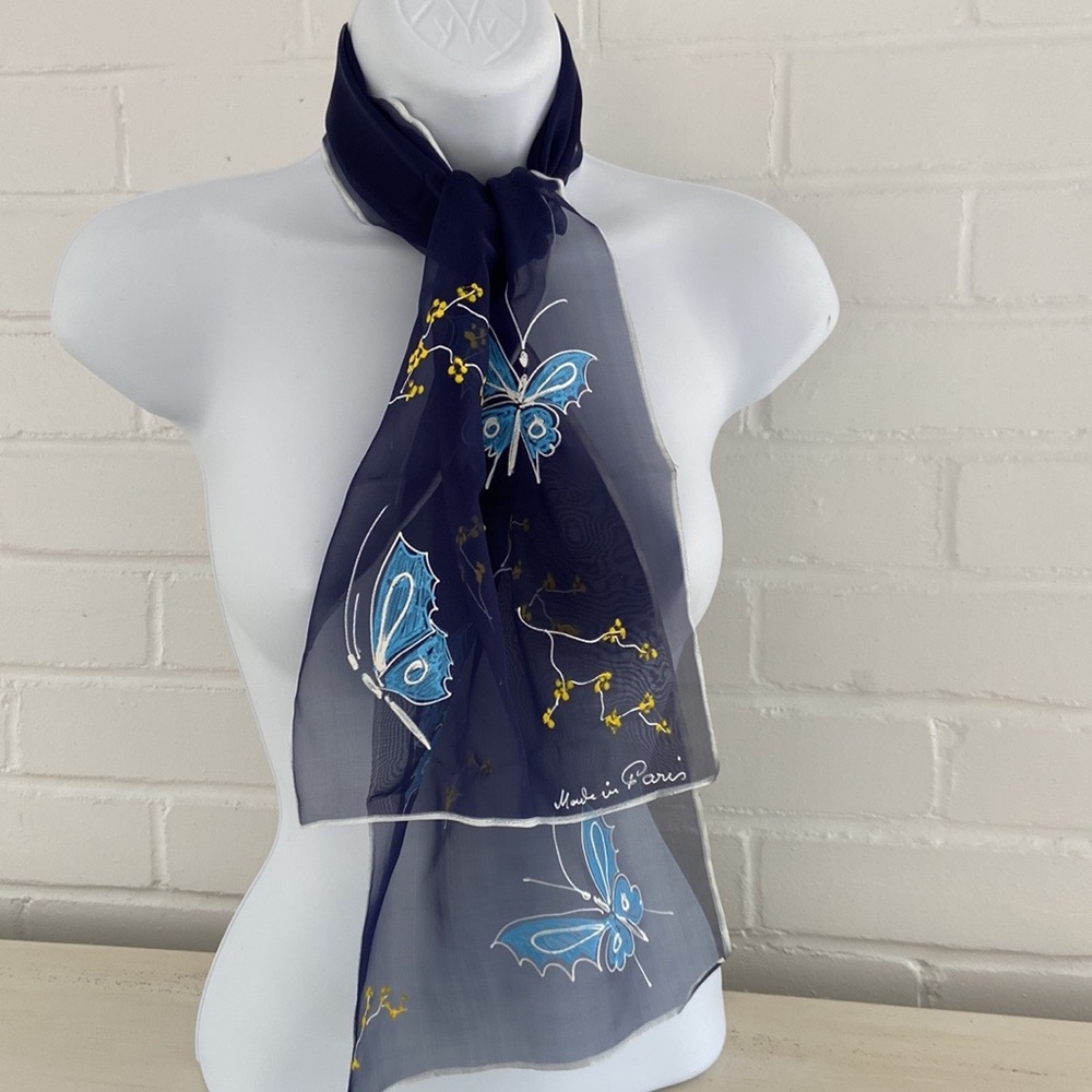 Womens Classic Old Style Hand-Painted Navy Blue Butterfly Design Dress Scarf